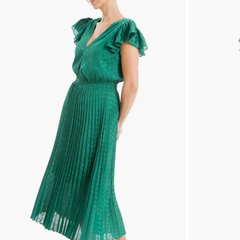 Max Studio Jade Green Pleated Satin Polka Dot Midi Dress NWT Flutter Sleeve Sm - Picture 2 of 12